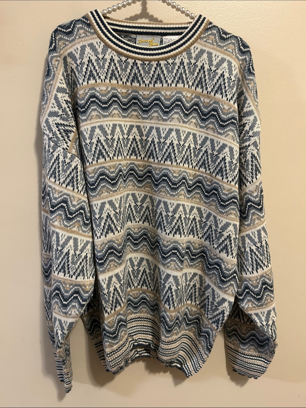 Vintage Backyard Blues Sweater 2XL Coogi Style Geometric Chevron Knit 90s